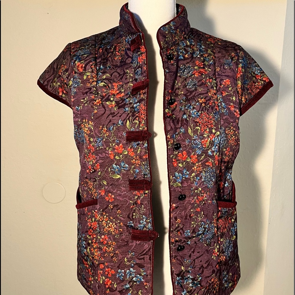 Quilted Top Small Floral Yuqifushi Asian Style Burgundy Pockets Faux Fur Lining